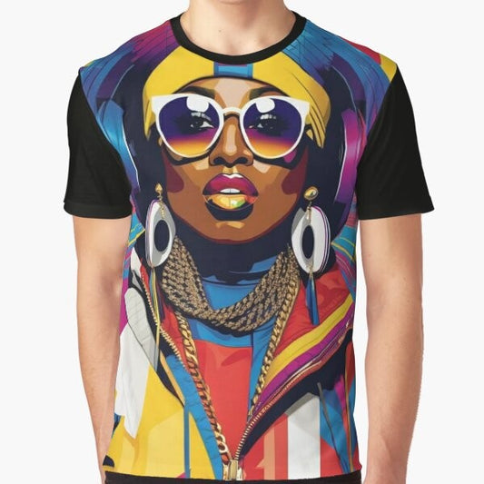 Missy Elliot wearing vibrant, colorful graphic t-shirt with headphones and sunglasses