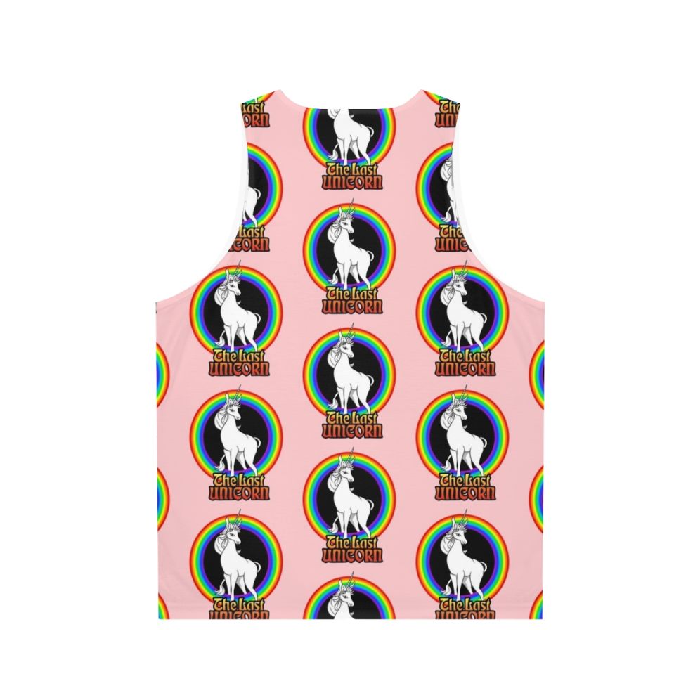 Unisex tank top featuring a white unicorn against a rainbow backdrop - Back