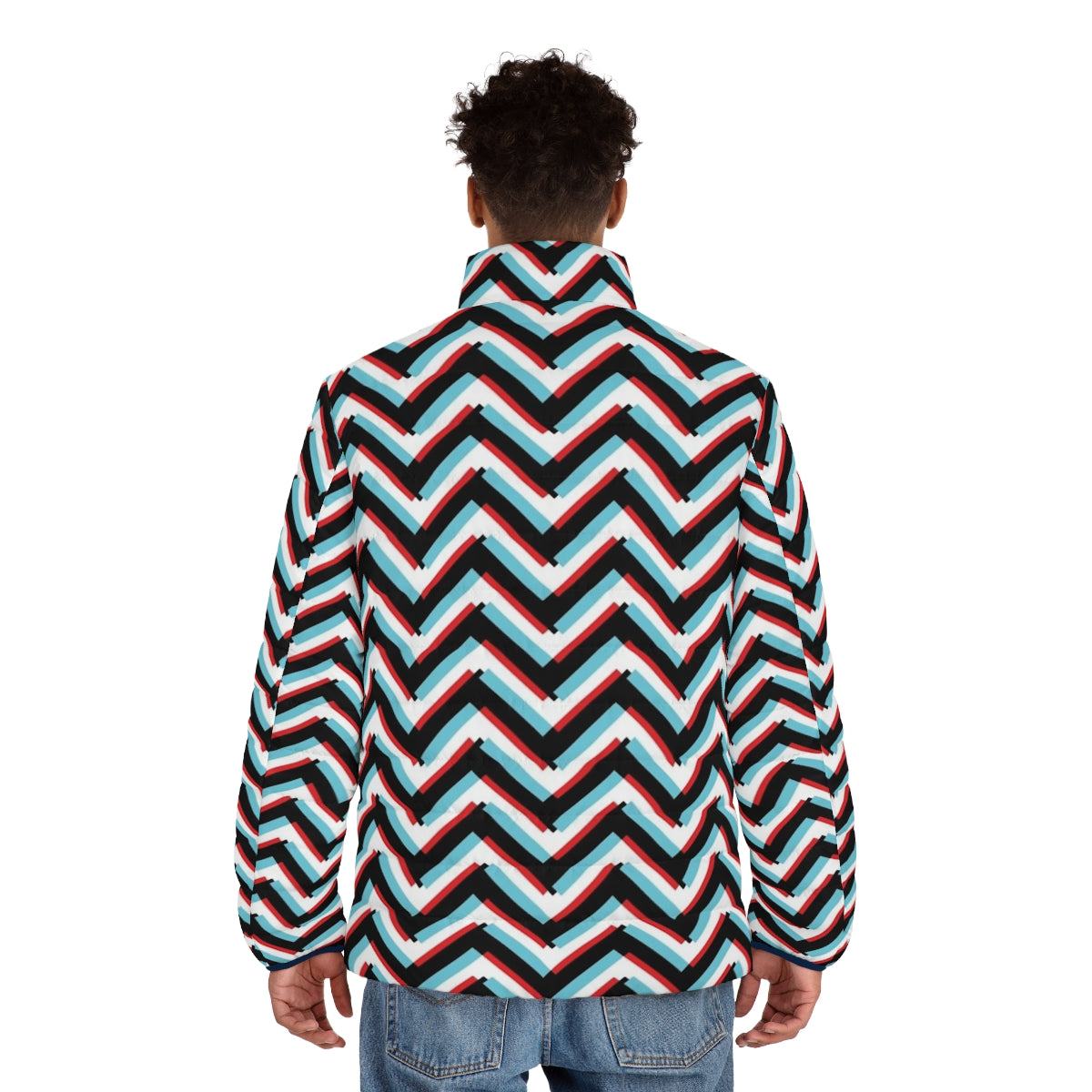 Stereoscopic chevron puffer jacket with zig zag pattern, abstract design inspired by David Lynch - men back