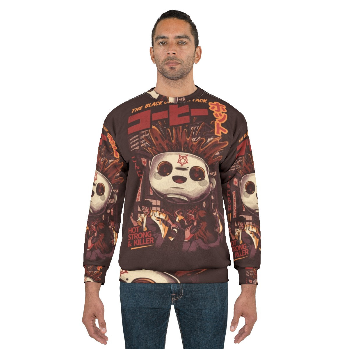 Black magic coffee sweatshirt with Japanese-style graphic design - men