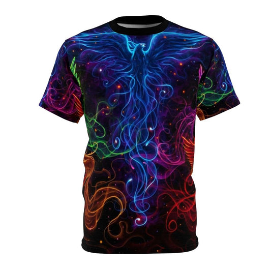 Artistic t-shirt design featuring a sky full of phoenix birds in a rainbow color scheme