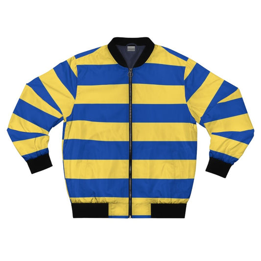 A stylish and vibrant blue and yellow striped bomber jacket