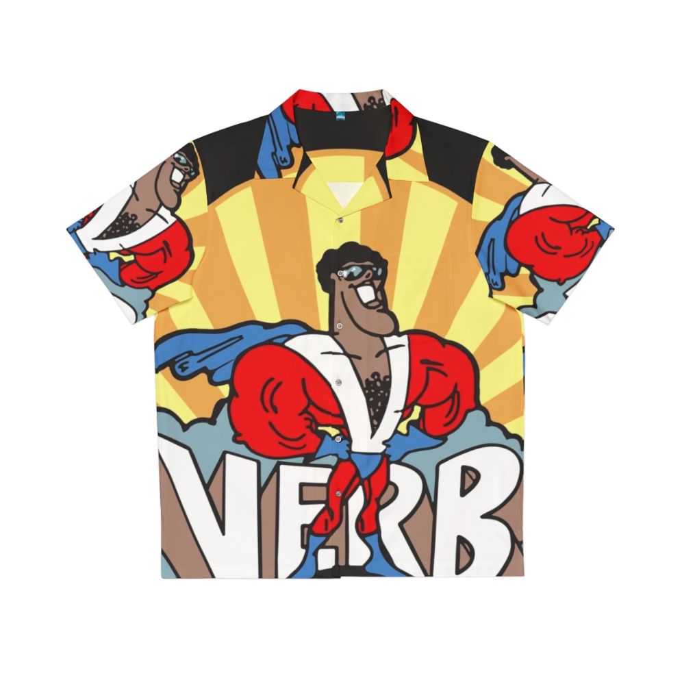 Super Verb Hawaiian Shirt featuring cartoon characters and superheroes