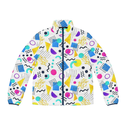 Colorful Memphis style puffer jacket with abstract geometric pattern