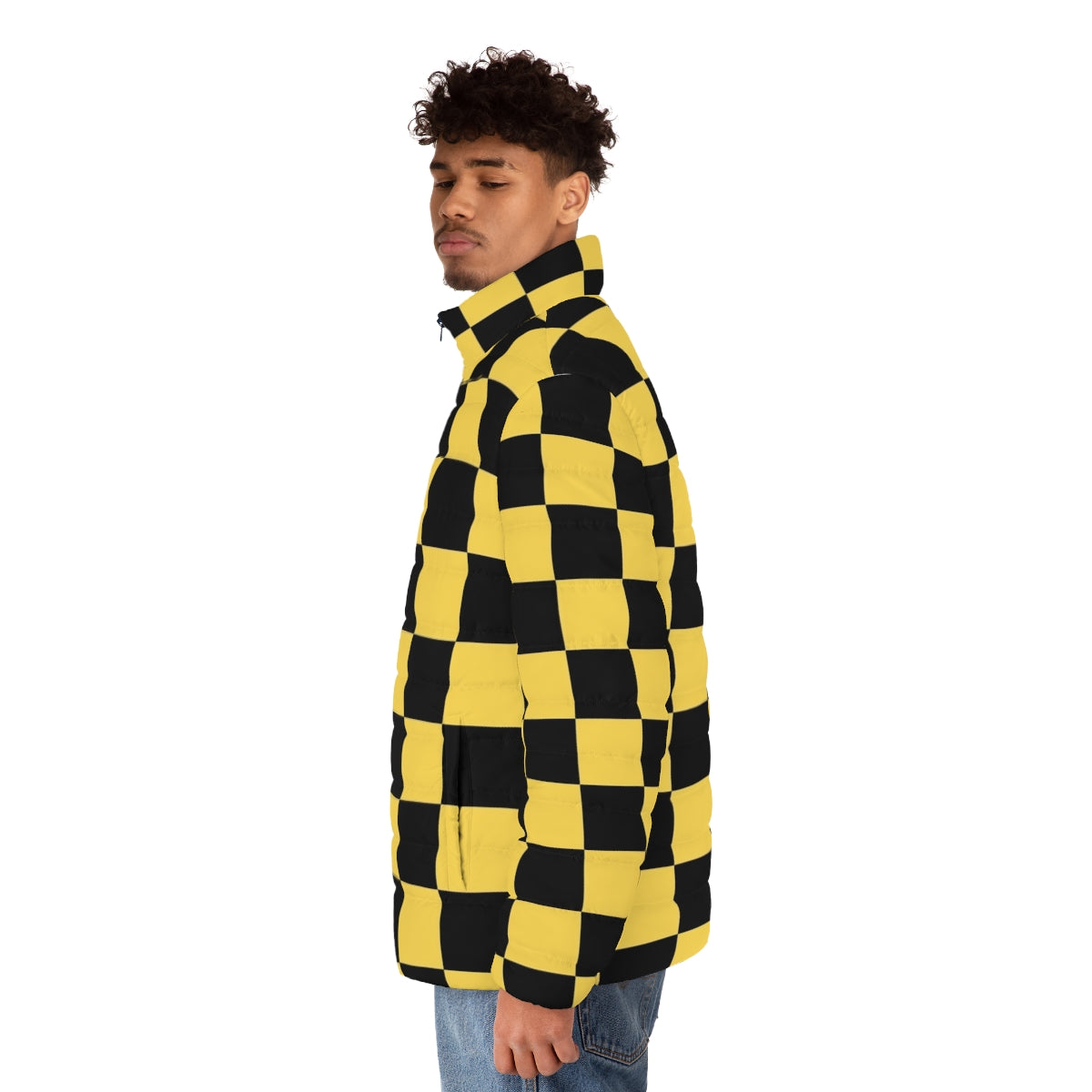 Black and yellow checkered patterned puffer jacket - men side left