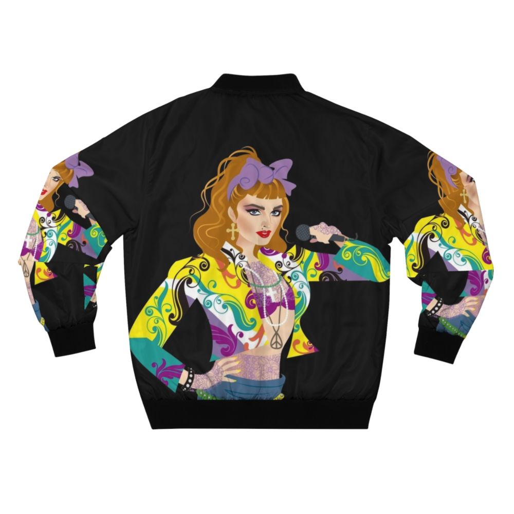 Bomber jacket with "Dress you up" text and music/pop art design - Back