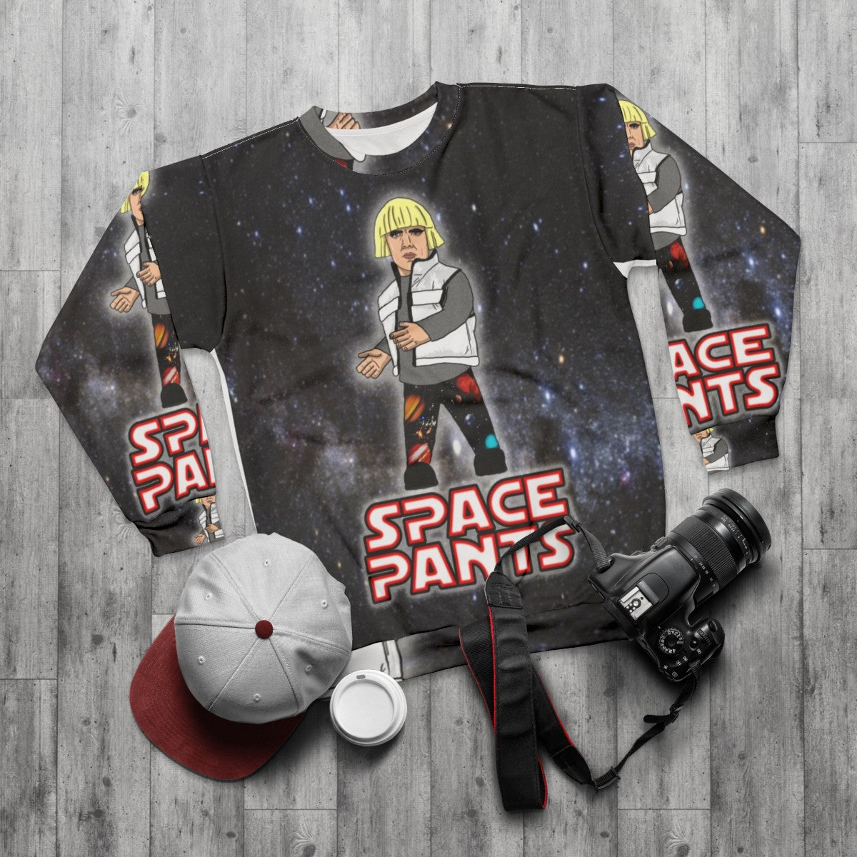 Funny space pants sweatshirt with galaxy design - flat lay