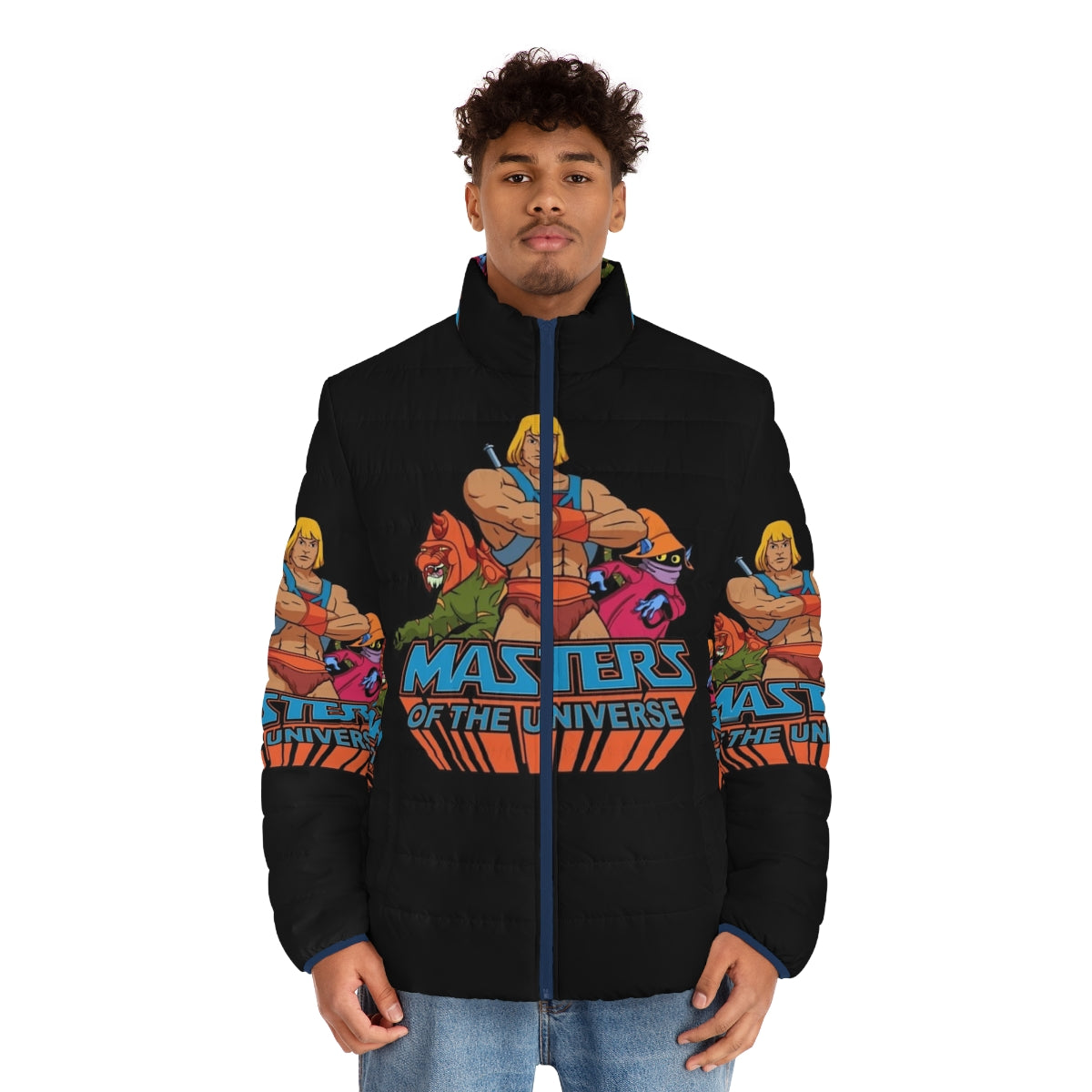 Man wearing a he-man themed puffer jacket - men front