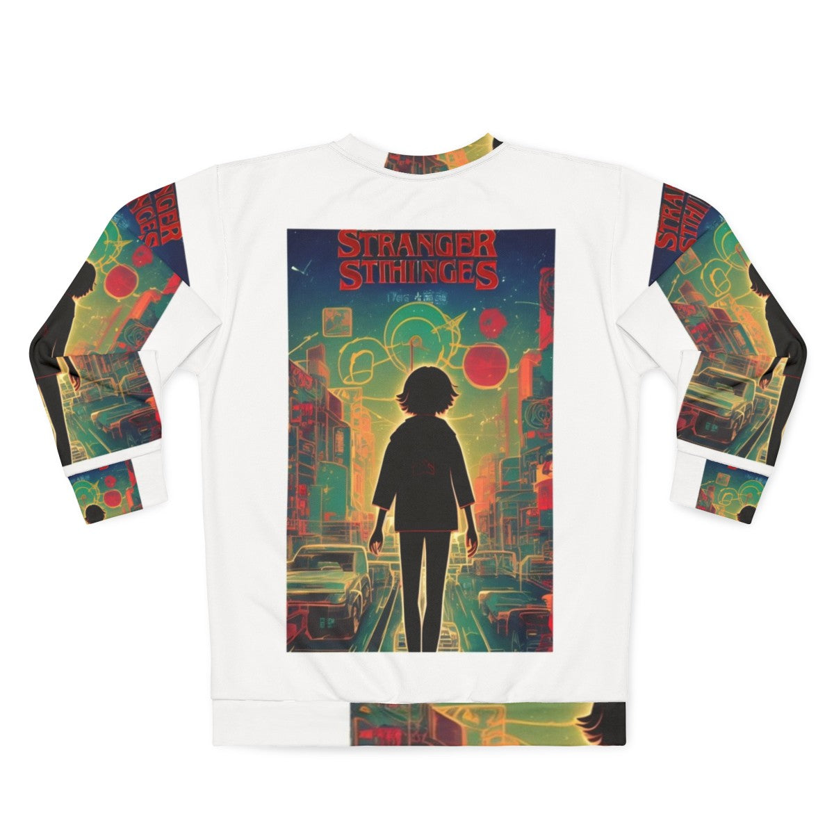 Stranger Things themed sweatshirt featuring characters and imagery from the popular Netflix series - Back