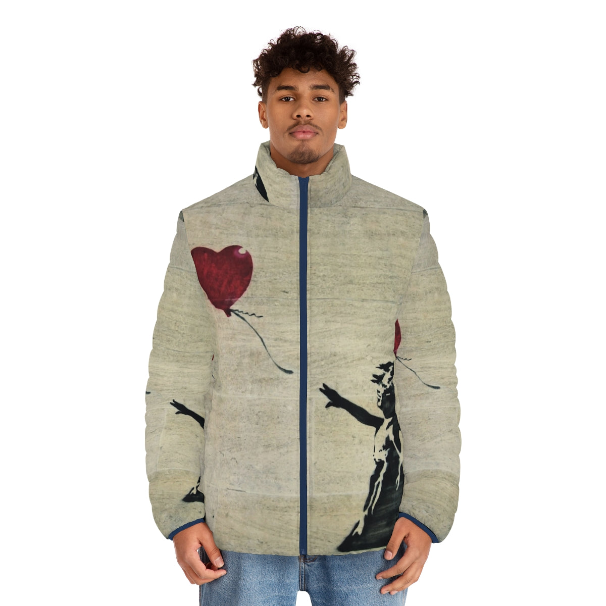 Banksy's iconic Girl With A Red Balloon III design printed on a high-quality puffer jacket - men front