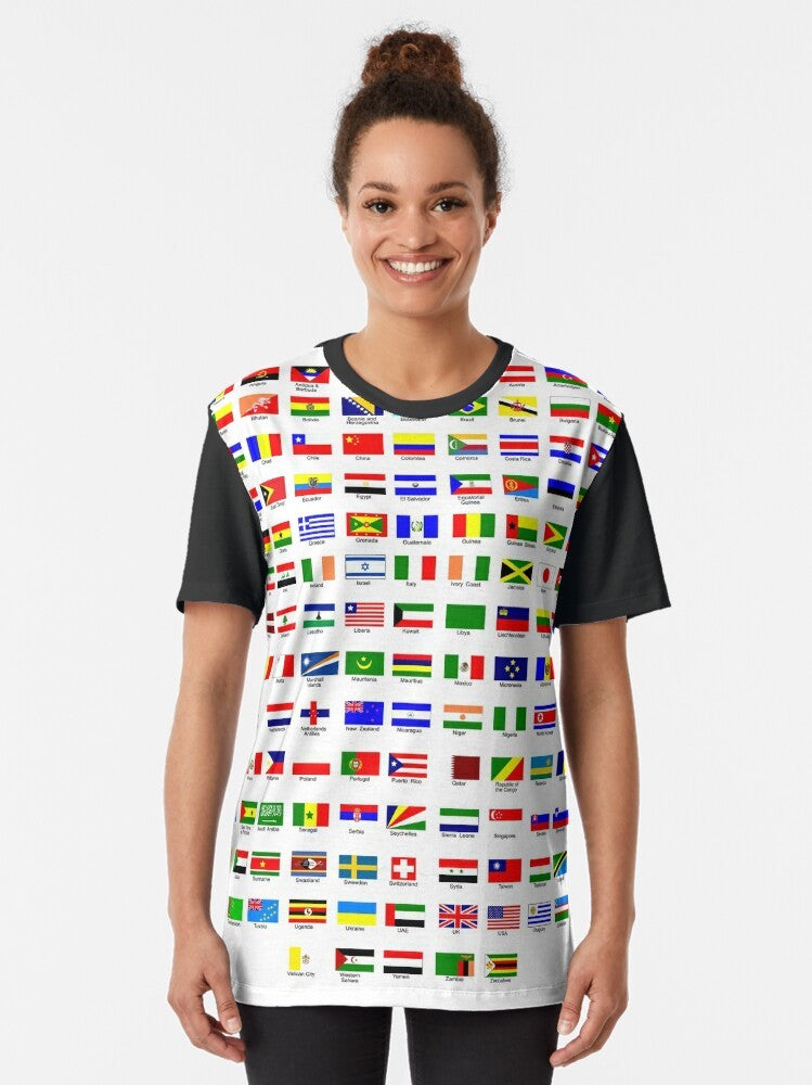 A graphic t-shirt featuring the flags of countries from around the world, showcasing international flags and national symbols. - Women