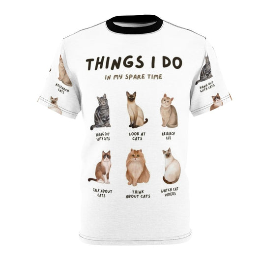 A stylish and humorous t-shirt design featuring a "Cat Lady Hobbies" graphic.