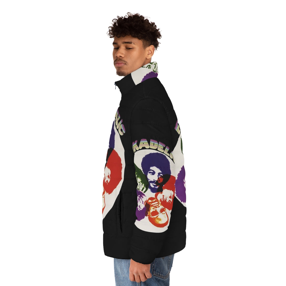 Funkadelic Parliament Band vintage puffer jacket with psychedelic and retro funk design - men side left