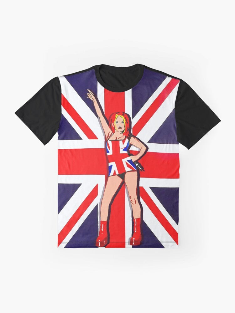 Union Jack graphic t-shirt featuring a retro pop art design inspired by 90s British music and pop culture. - Flat lay