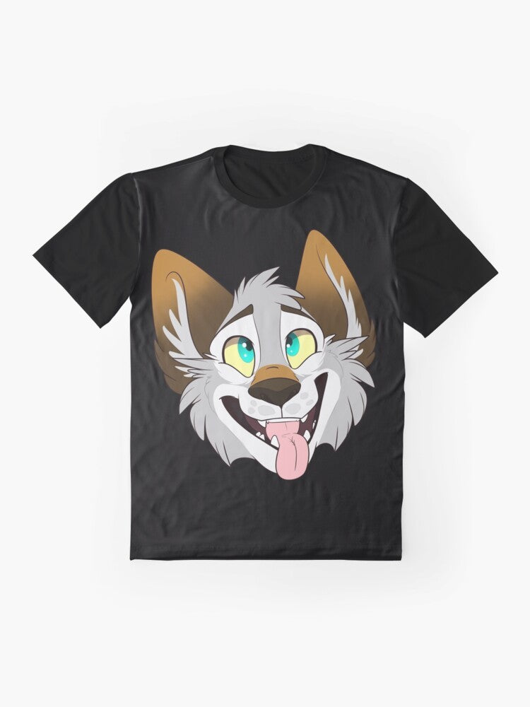 Smiling cartoon wolf graphic on a t-shirt - Flat lay