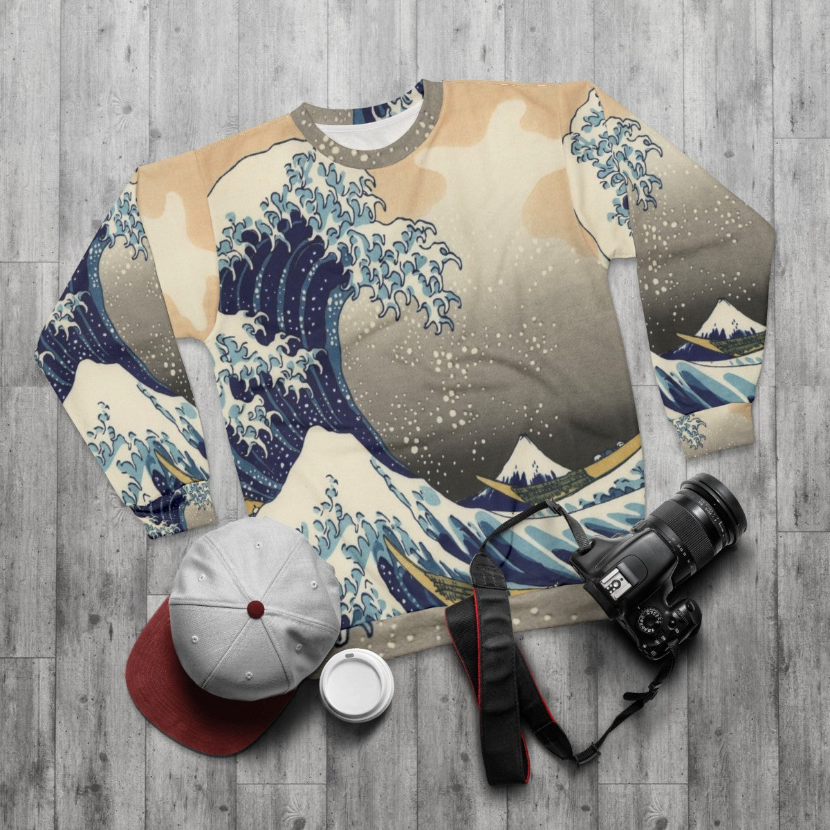 Vintage Great Wave Sweatshirt featuring the iconic Hokusai Japanese artwork - flat lay