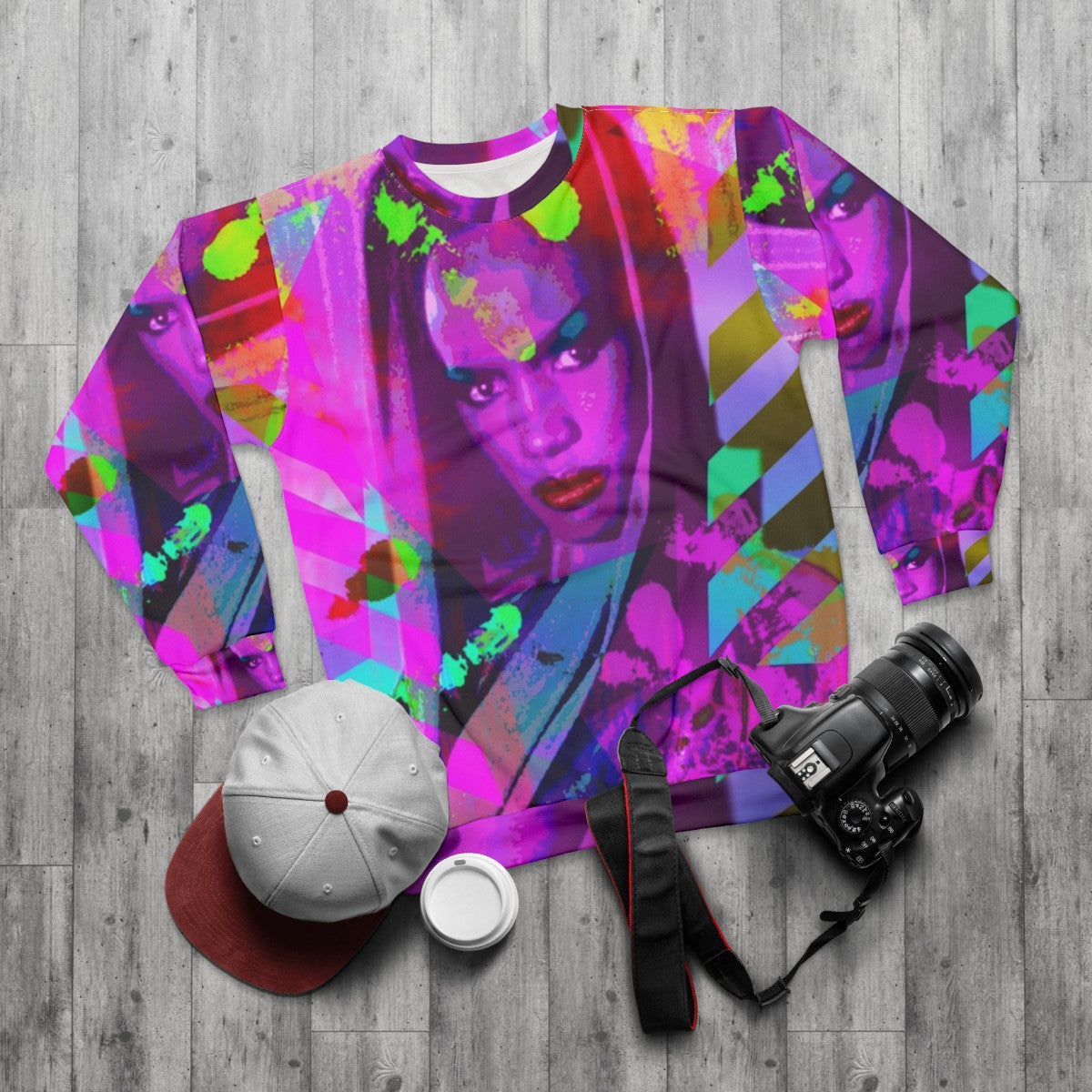 Grace Jones inspired LGBTQ hedonist sweatshirt - flat lay