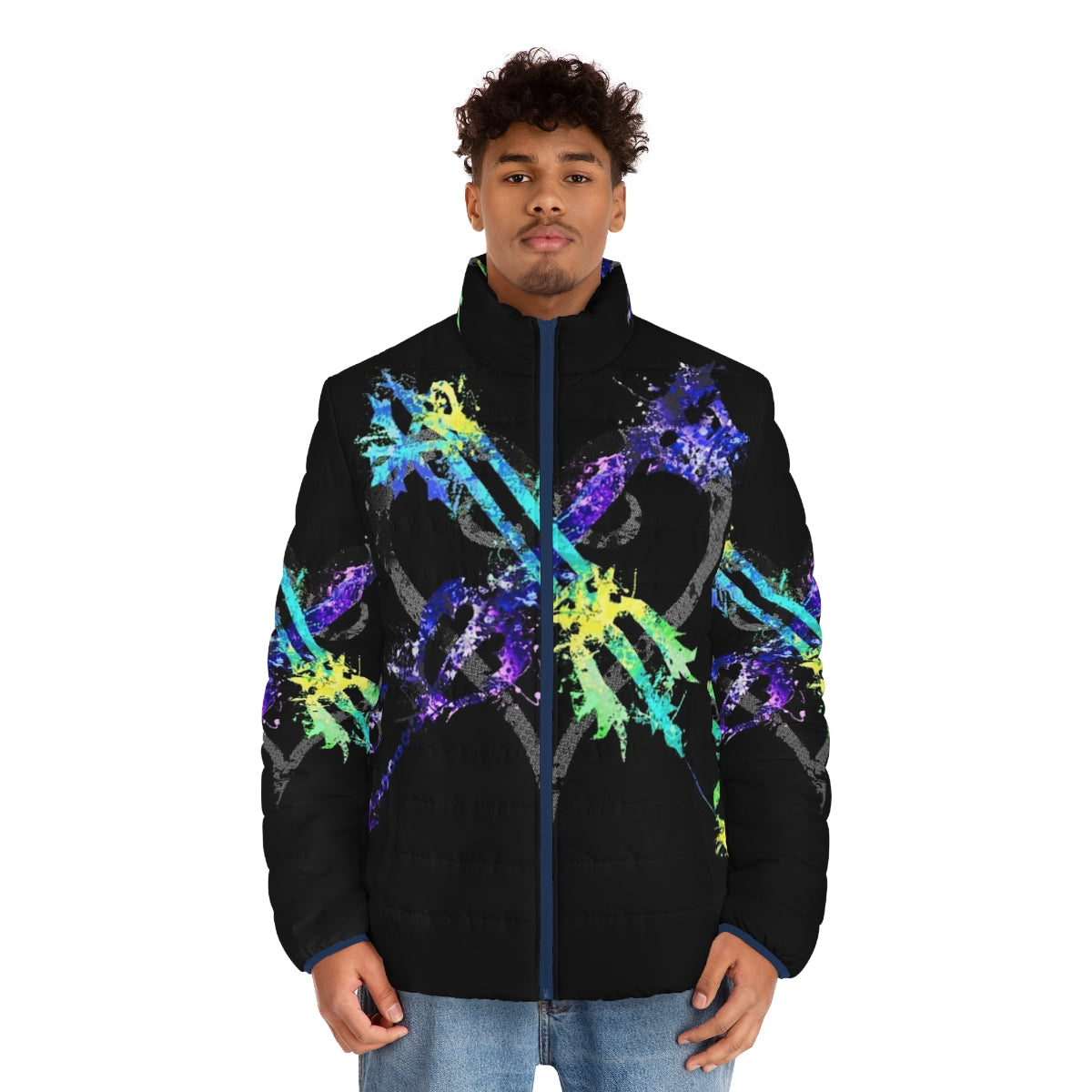 A puffer jacket featuring imagery and themes from the Kingdom Hearts video game series, including the keyblade, Oathkeeper, and the struggle between light and darkness. - men front