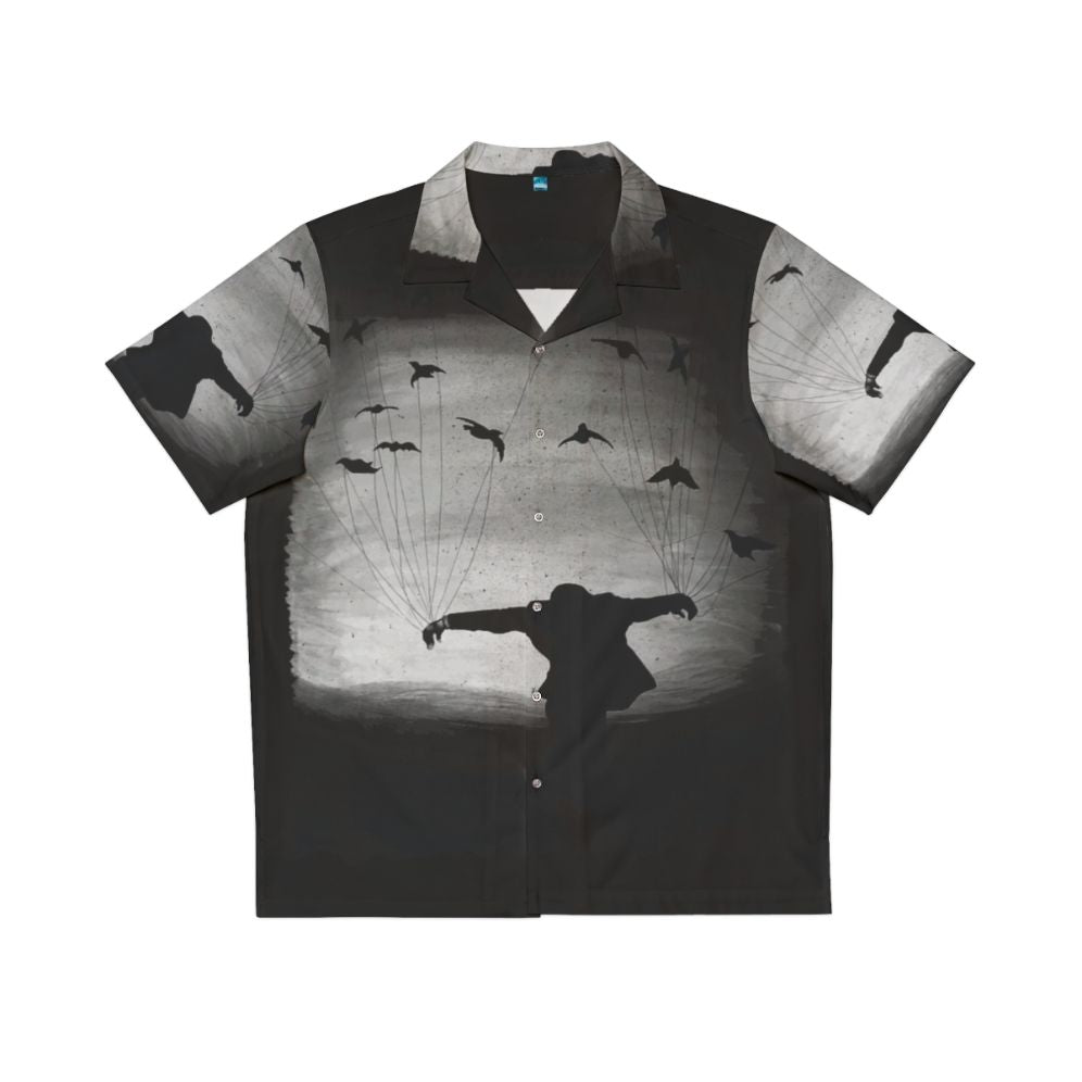 Gothic Hawaiian shirt featuring a hand-painted raven bird silhouette design