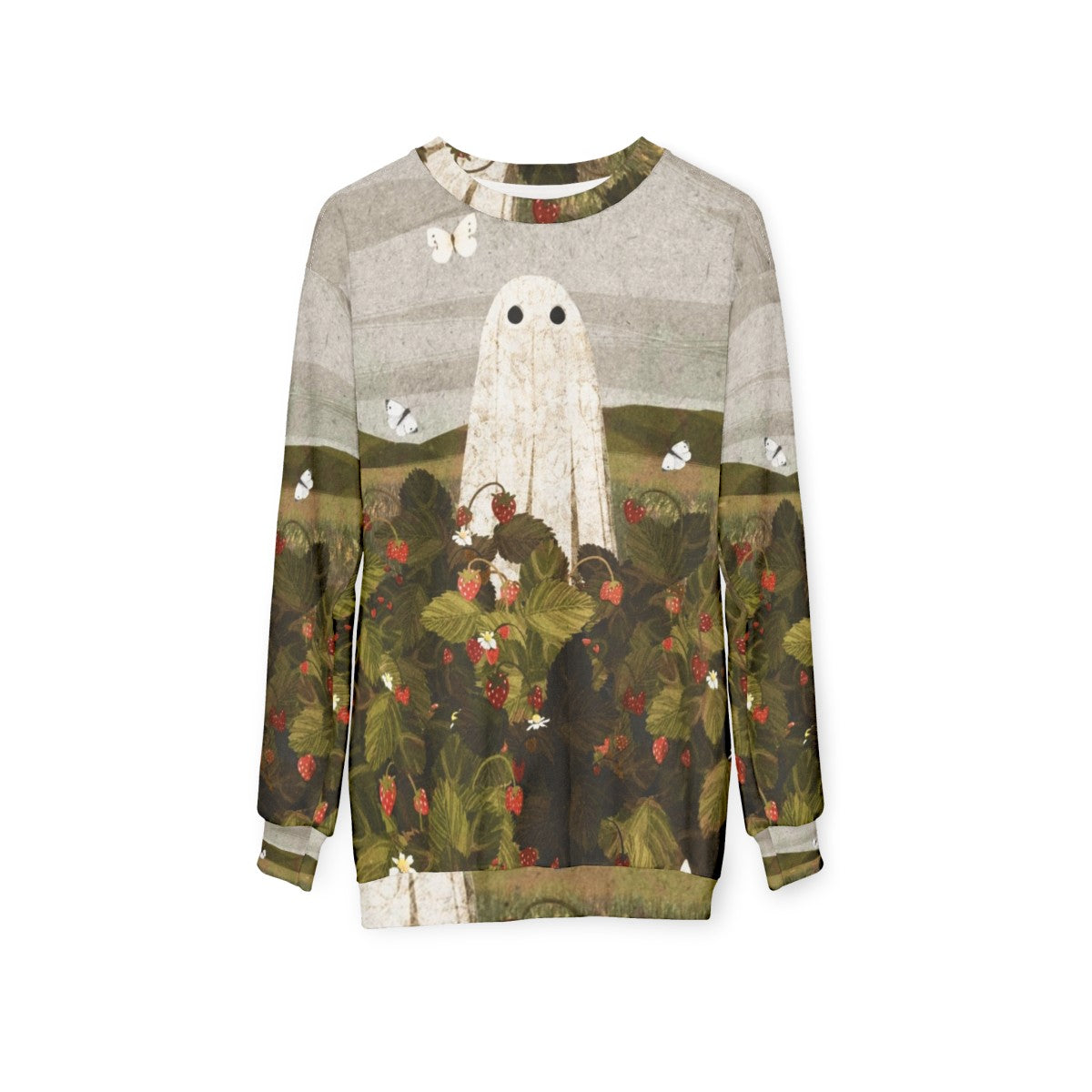 Strawberry Fields ghostly sweatshirt with haunting floral design - hanging