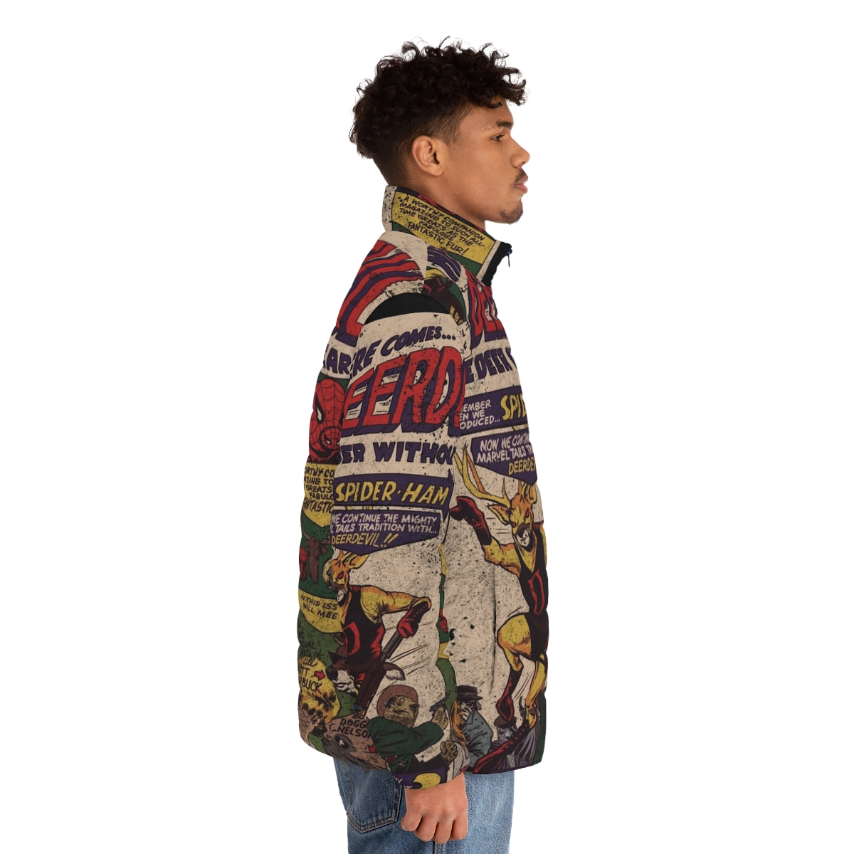 Deerdevil puffer jacket with superhero comic book inspired design - men side right