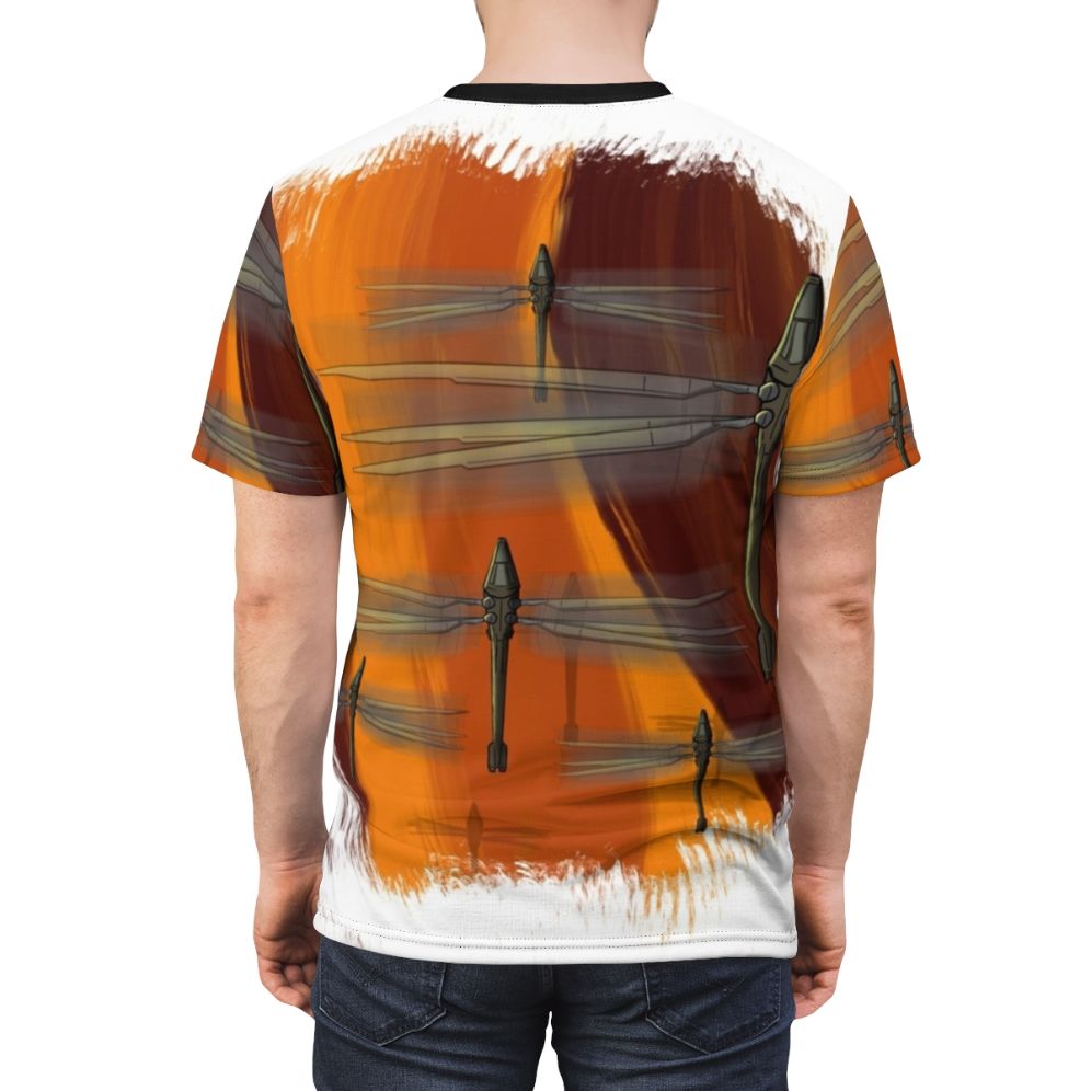 Ornithopter inspired t-shirt featuring futuristic desert landscape and flying machine from the Dune science fiction franchise - men back