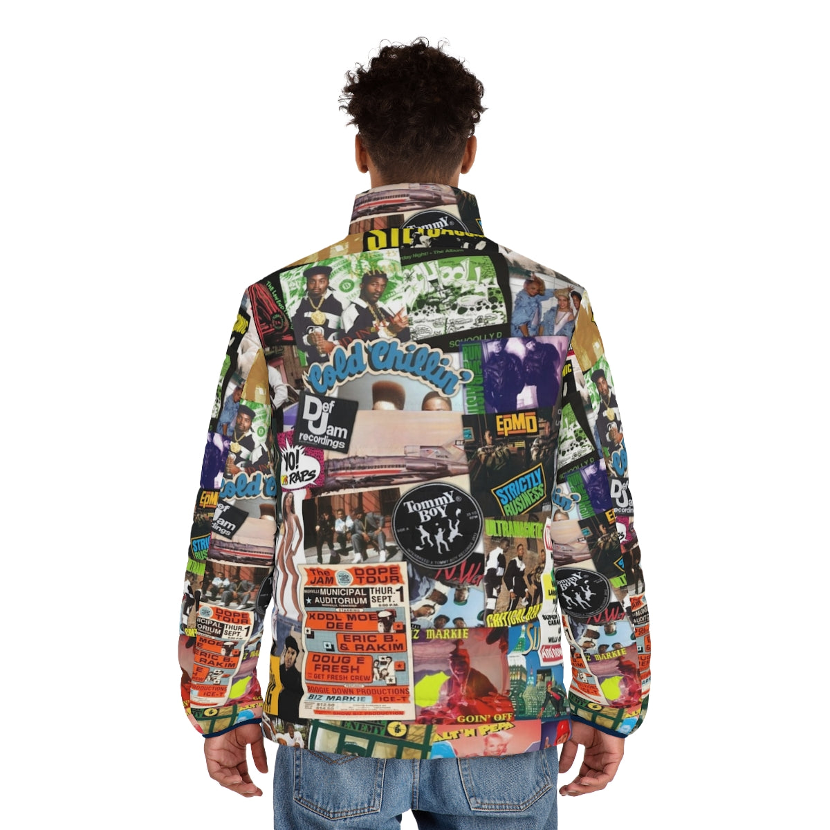 Retro old school hip hop puffer jacket with graphic collage print - men back