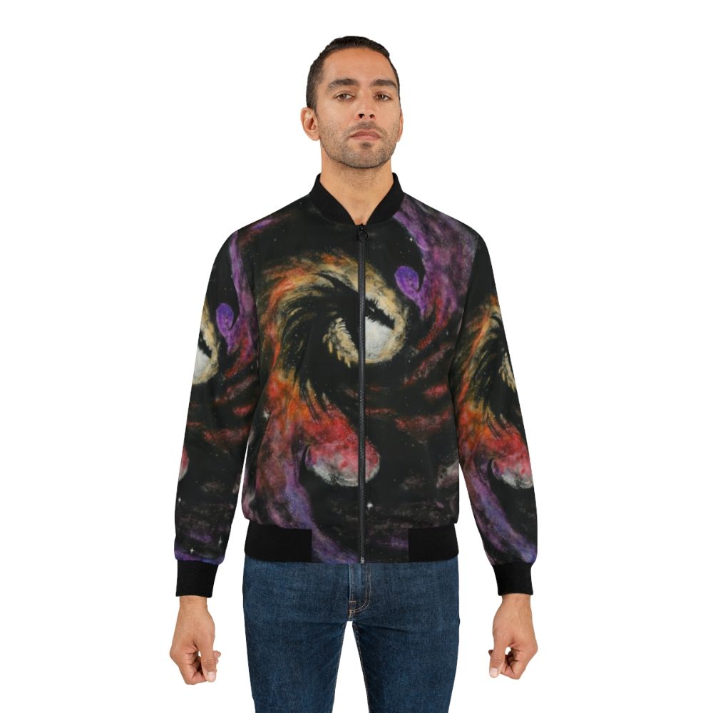 Dragon galaxy bomber jacket with space-themed scratchboard art design - Lifestyle