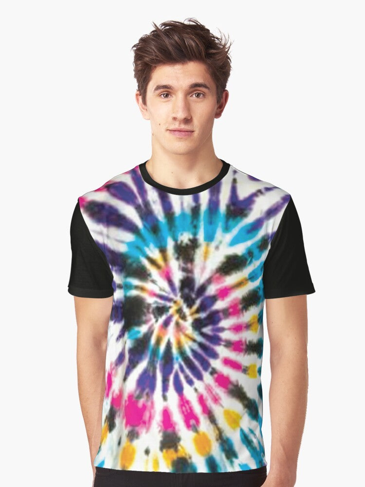 Colorful spiral tie dye graphic design on a t-shirt featuring black, white, purple, yellow, pink, and cyan colors. - Men