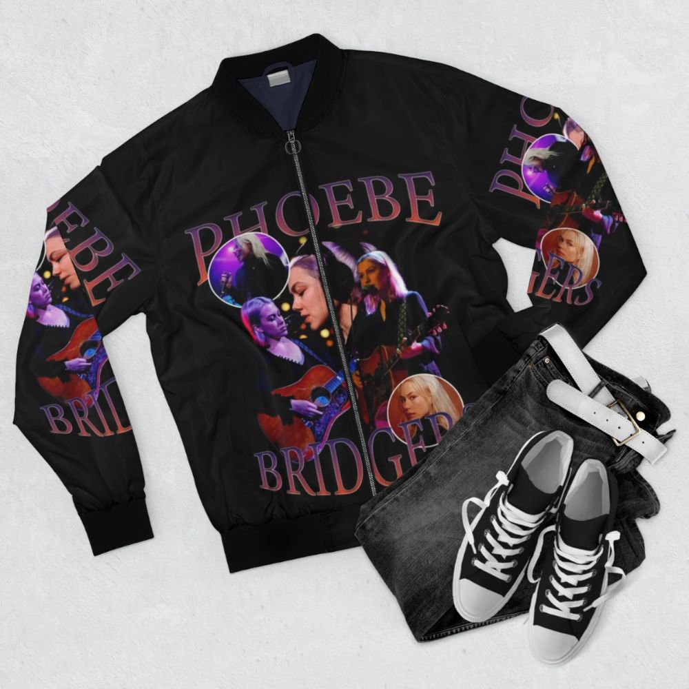 Phoebe Bridgers inspired vintage bootleg bomber jacket with indie music graphics - Flat lay