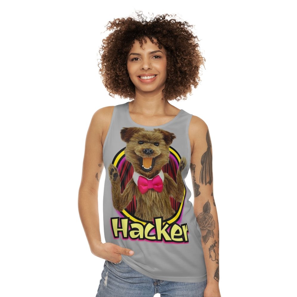 Unisex hacker t-shirt from Hacker Time featuring colorful retro puppet design - women