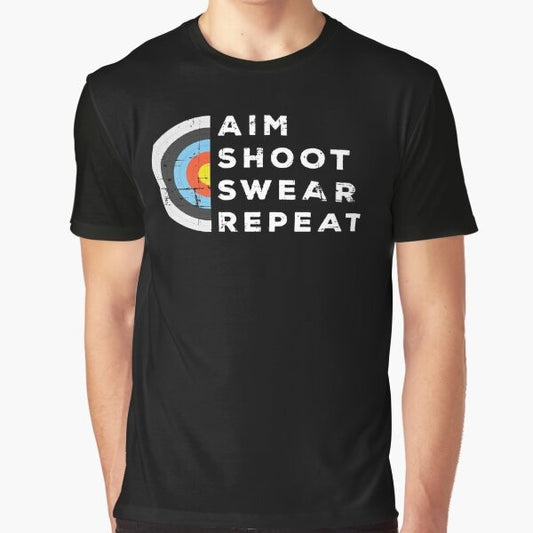 Archery bowshooting graphic t-shirt featuring the text "Aim, Shoot, Swear, Repeat"