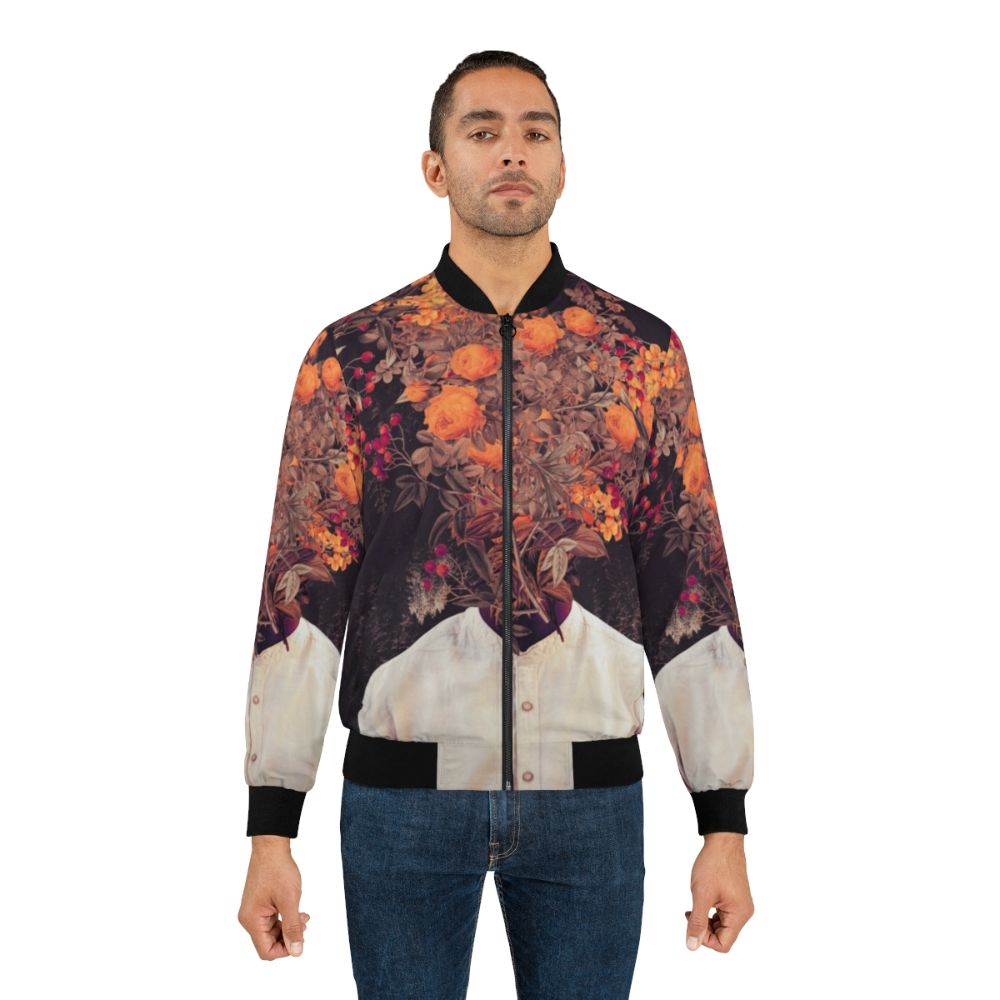 Vintage-inspired floral bomber jacket with a surreal, collage-style design. - Lifestyle