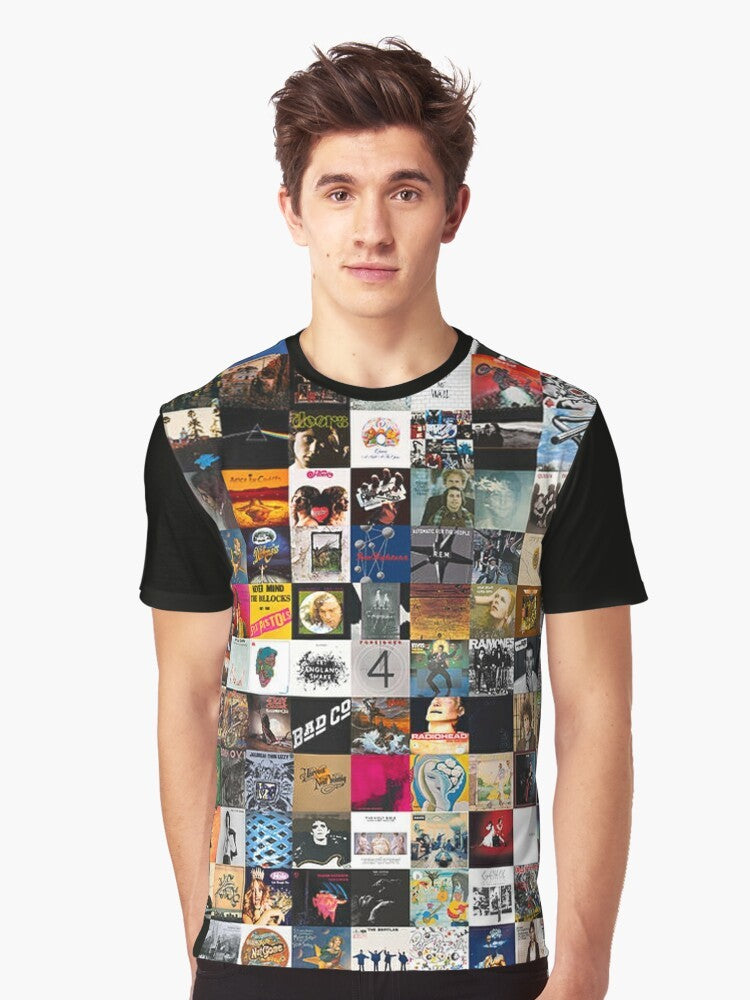 Collage of classic rock album covers on a graphic t-shirt - Men