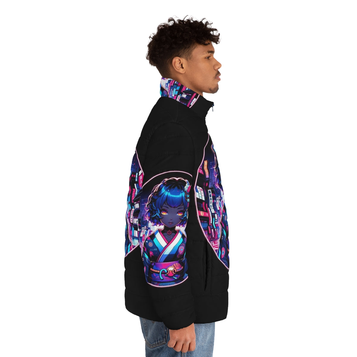 Cyber Geisha Dreams Puffer Jacket with Neon Accents and Futuristic Design - men side right