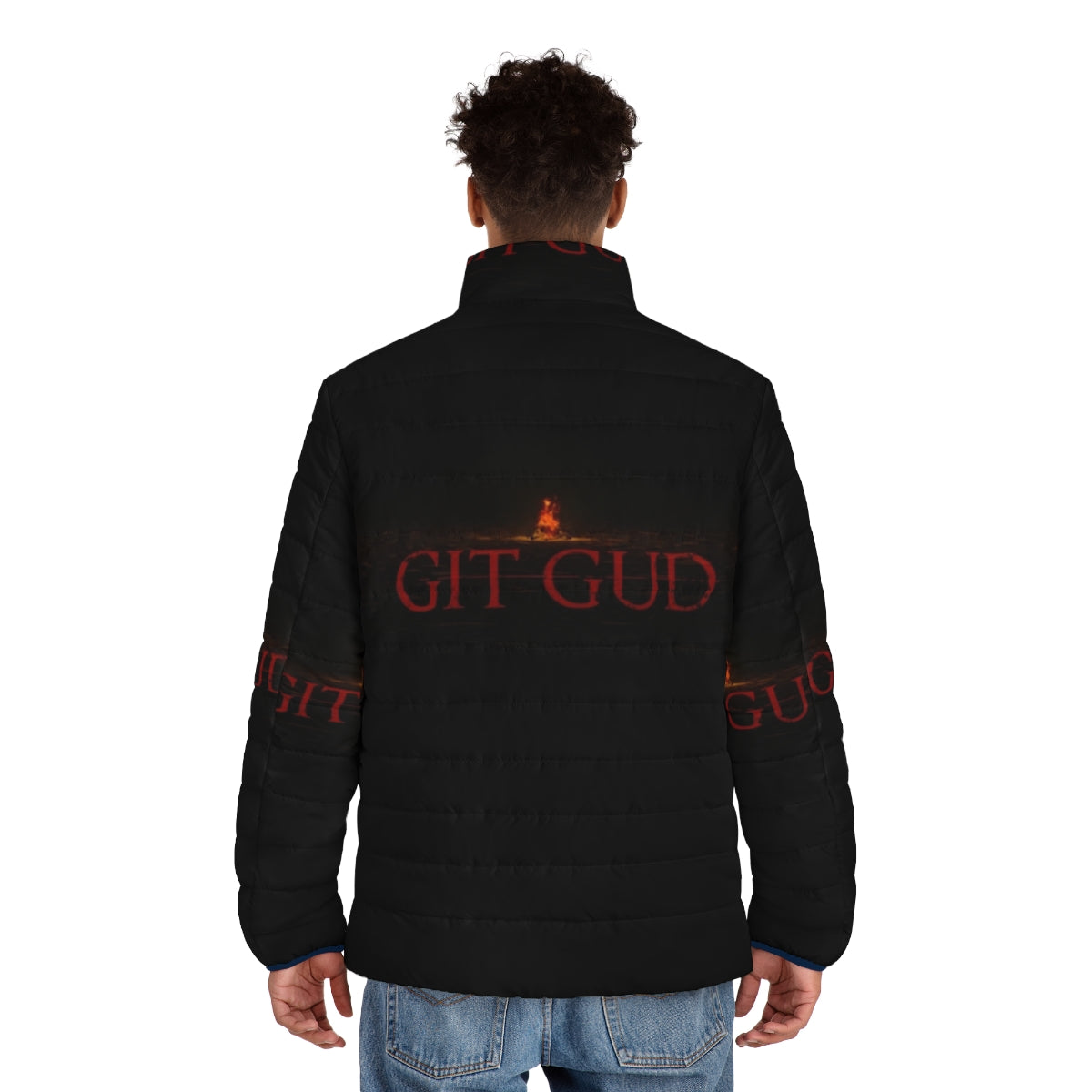 "Git Gud" Dark Souls inspired puffer jacket with bonfire design - men back