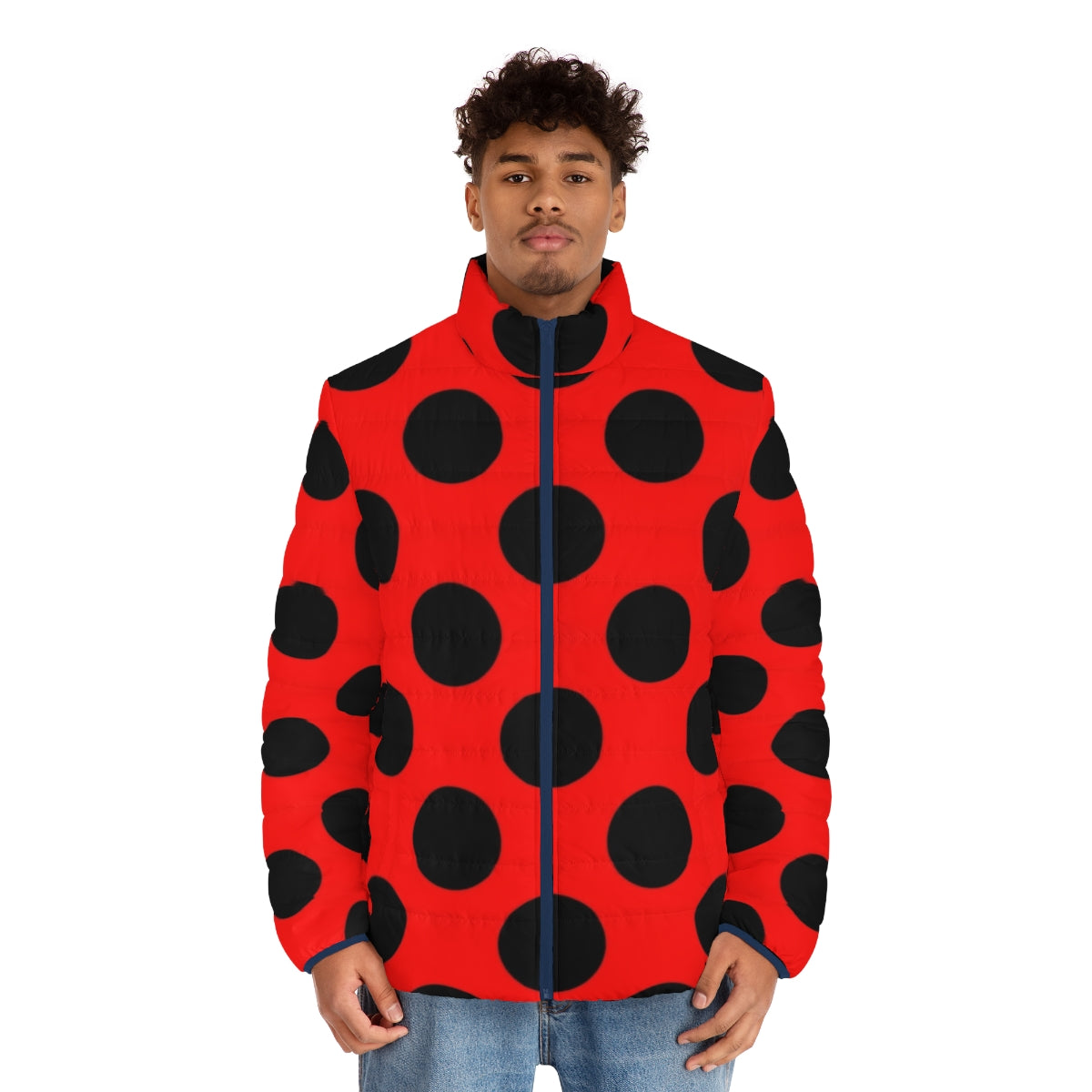 Woman wearing a red and black polka dot lady bug puffer jacket - men front