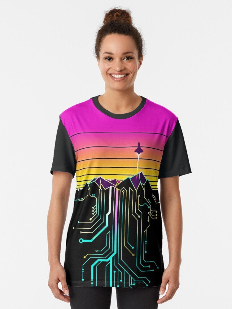 Synthwave mountain sunrise graphic design printed on a t-shirt - Women