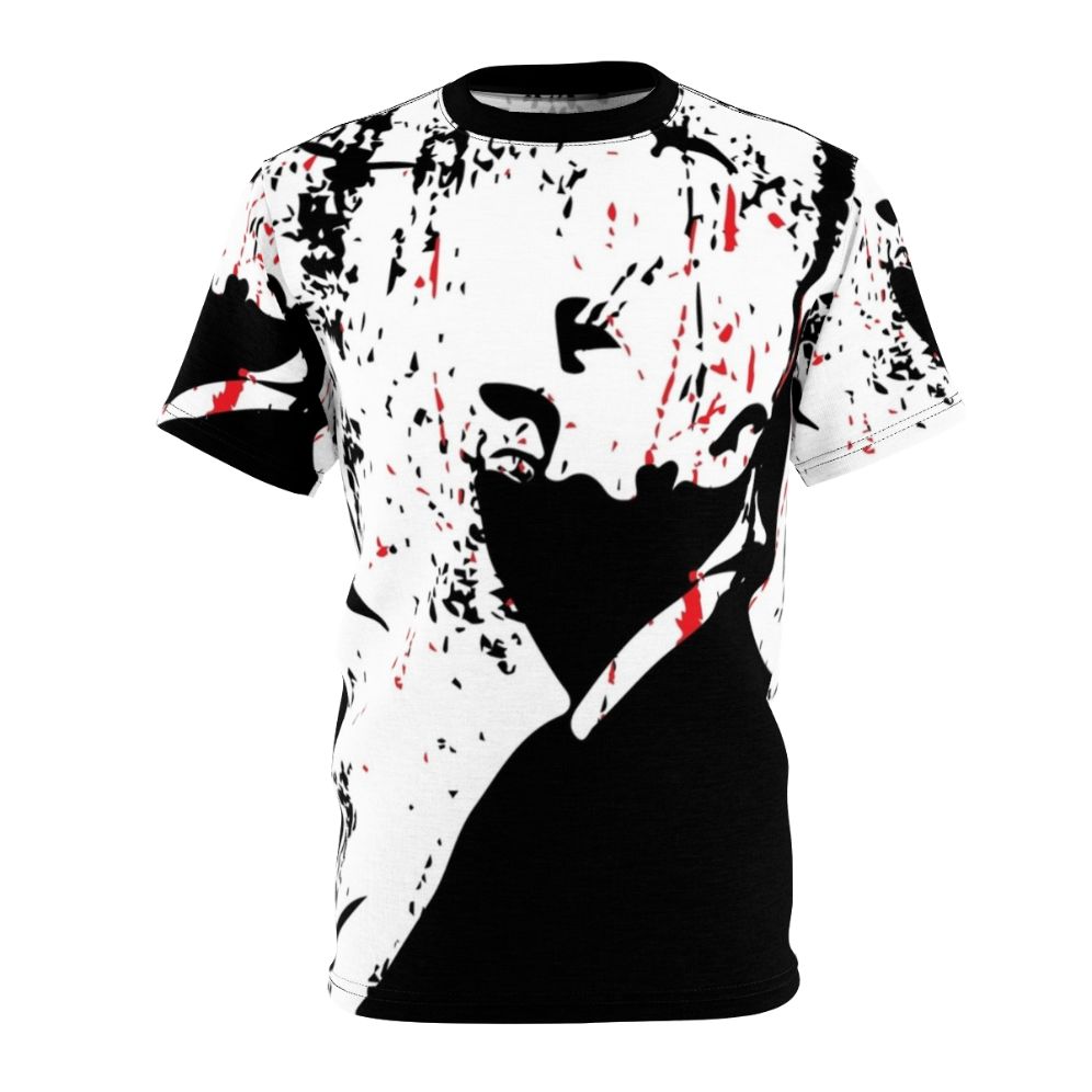 Vintage-style t-shirt design featuring Alfred Hitchcock, the master of suspense