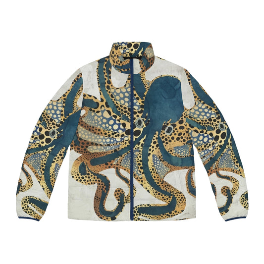 Watercolor Octopus Puffer Jacket with Abstract Ocean Inspired Design