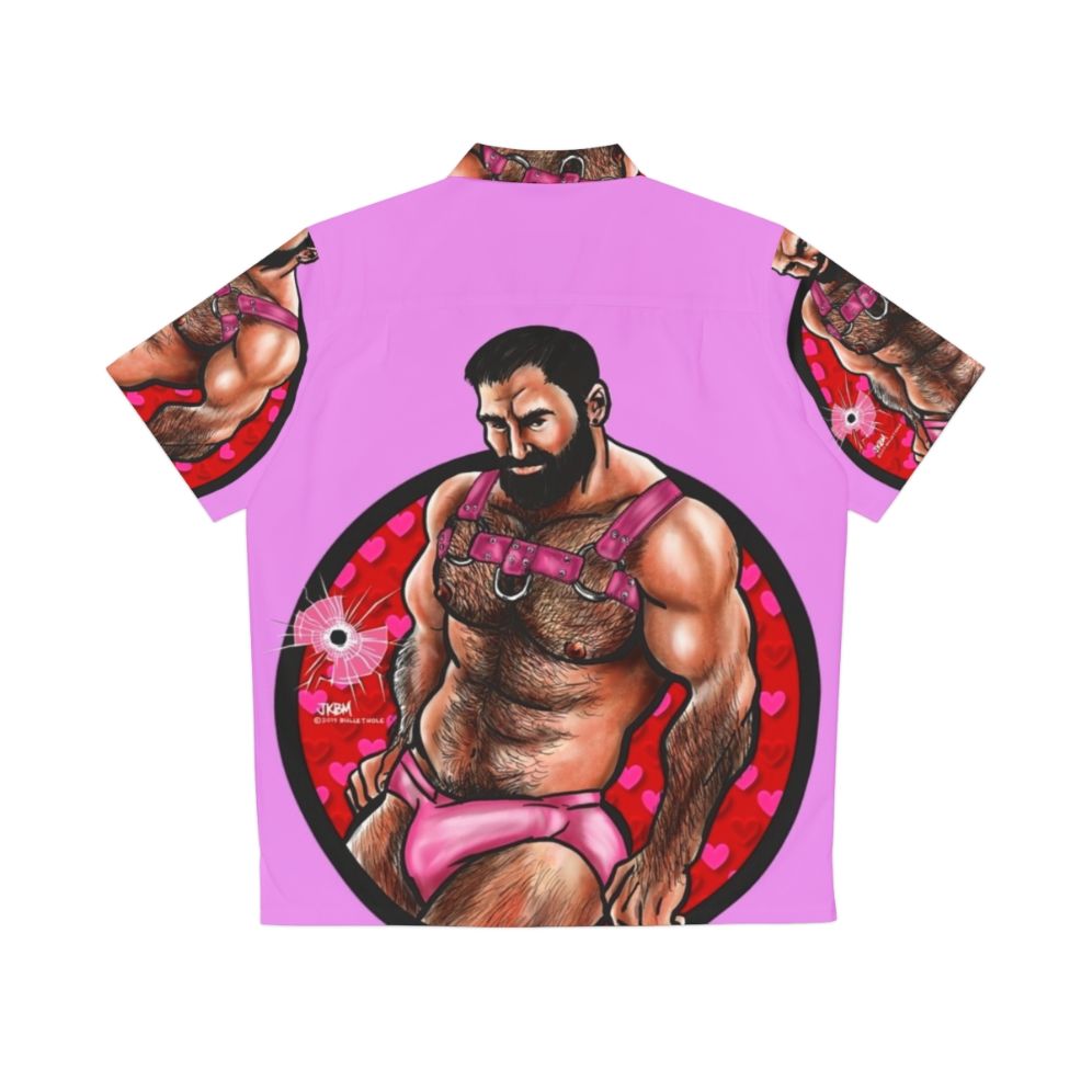 Bearded muscle bear wearing a Hawaiian shirt with a Valentine's Day theme - Back