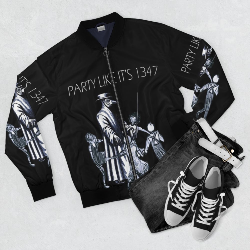 Plague doctor medieval bomber jacket with gothic and pandemic themed design - Flat lay