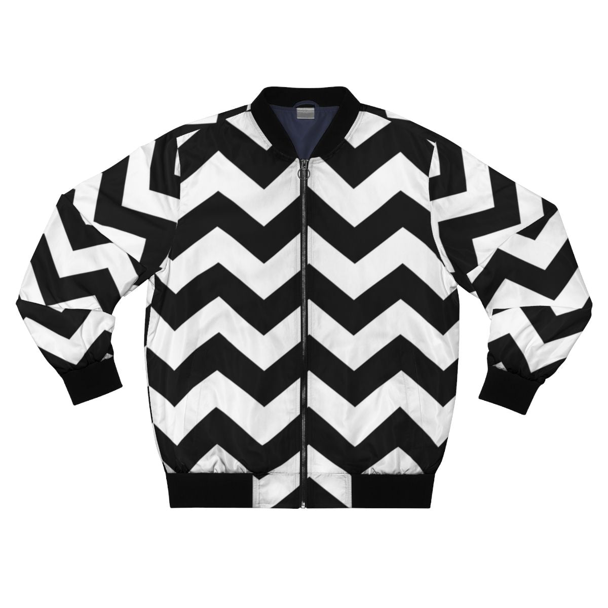 Sleek and stylish zig zag pattern bomber jacket in classic black and white colors.