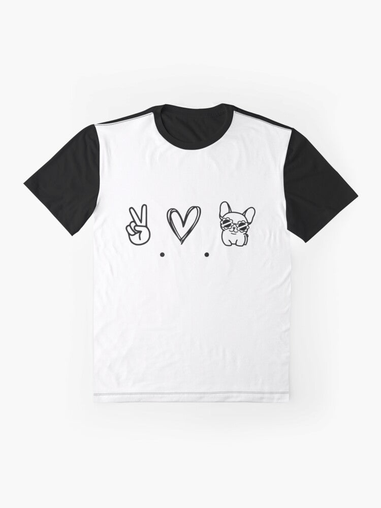 Minimalist graphic t-shirt design featuring a French bulldog with the text "Peace, Love and Frenchies" - Flat lay