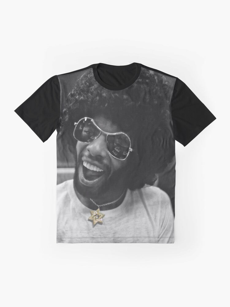 Black and white graphic t-shirt with Sly Stone and a recording studio scene - Flat lay