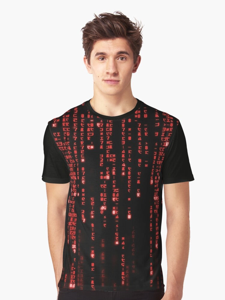 Red Matrix Code Graphic T-Shirt featuring binary digits and computer programming elements - Men