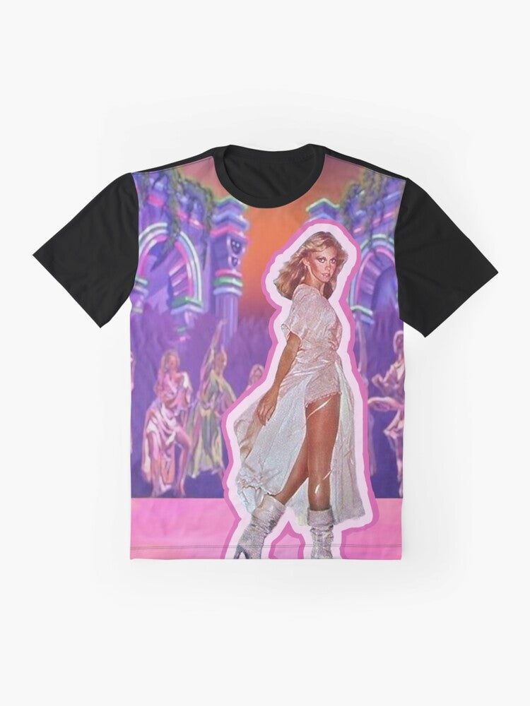 A graphic t-shirt featuring a childhood dream of being a Xanadu roller skating muse. - Flat lay