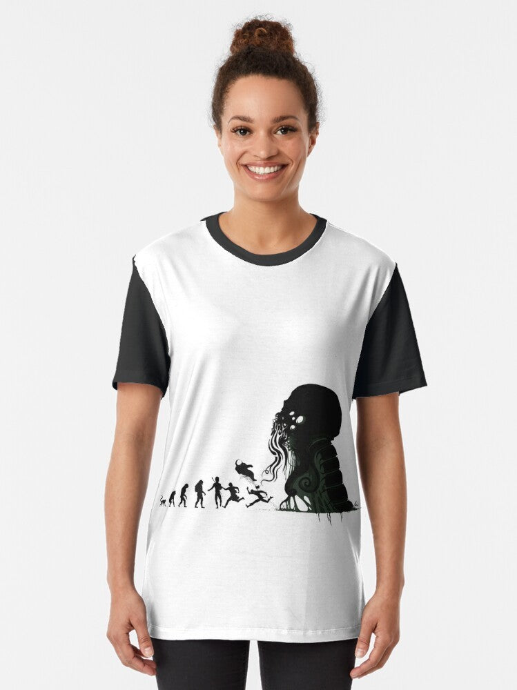 Lovecraftian evolution graphic t-shirt featuring a silhouette design of human figures transitioning into apes and elder entities, representing the cosmic horror themes of H.P. Lovecraft's works. - Women