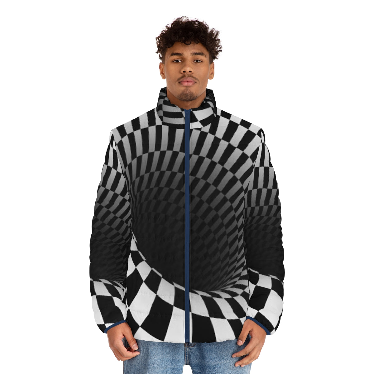 A black and white puffer jacket with an optical illusion checkerboard pattern - men front