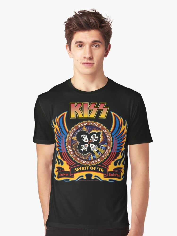 KISS 70s Graphic T-Shirt with Spirit of '76 Design Featuring Flames, Wings, and Band Members - Men